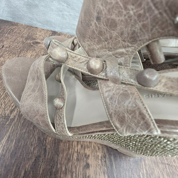 Balenciaga Arena Espadrille Wedges Sandals 10 Taupe Grey Studded Leather Raffia - Picture 15 of 16